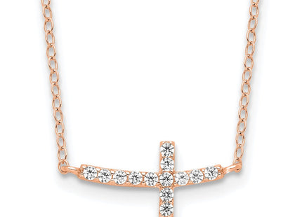 Sterling Silver Rose Gold-plated CZ Sideways Cross w/2in Ext Necklace (Style QG3476P-16)