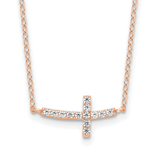 Sterling Silver Rose Gold-plated CZ Sideways Cross w/2in Ext Necklace (Style QG3476P-16)