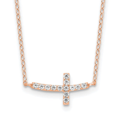 Sterling Silver Rose Gold-plated CZ Sideways Cross w/2in Ext Necklace