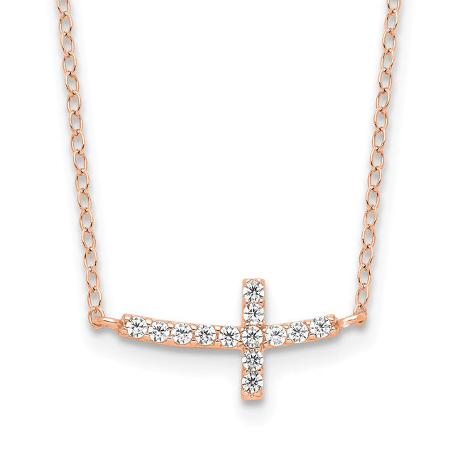 Sterling Silver Rose Gold-plated CZ Sideways Cross w/2in Ext Necklace