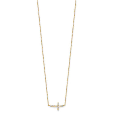 Sterling Silver Yellow Gold-plated CZ Sideways Cross w/2in Ext Necklace