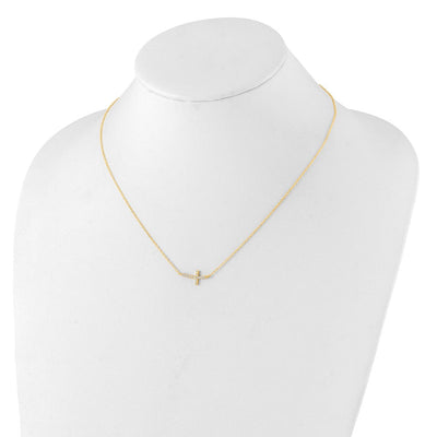 Sterling Silver Yellow Gold-plated CZ Sideways Cross w/2in Ext Necklace