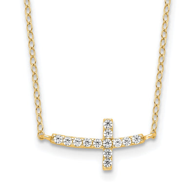 Sterling Silver Yellow Gold-plated CZ Sideways Cross w/2in Ext Necklace