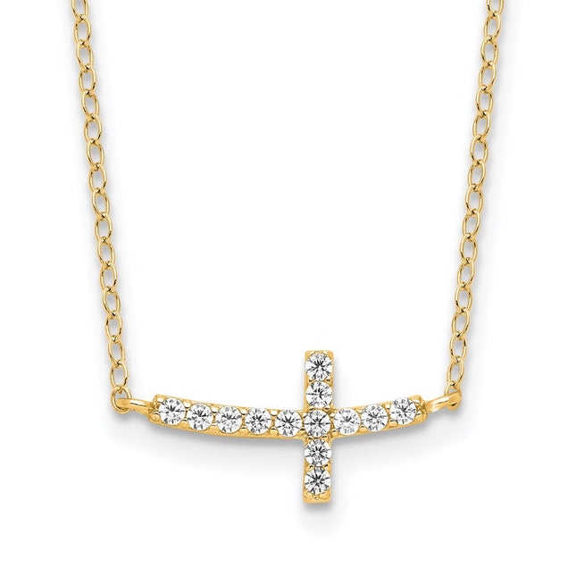 Sterling Silver Yellow Gold-plated CZ Sideways Cross w/2in Ext Necklace