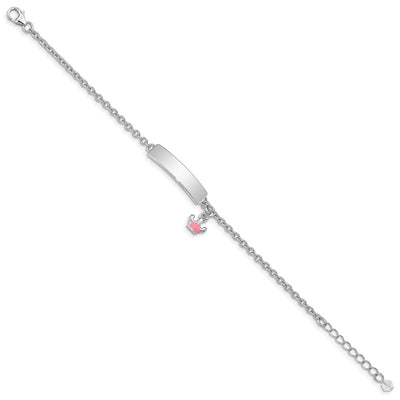 Sterling Silver Rhodium-plated Polished & Pink Enameled Crown with Extension Children's ID Bracelet