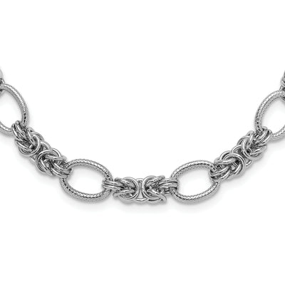 Sterling Silver Rhod-plated Polished Textured Fancy Link Necklace