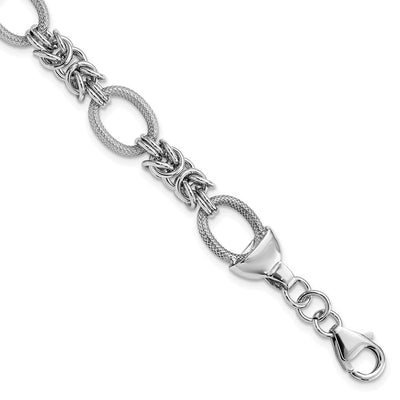 Sterling Silver Rhod-plated Polished Textured Fancy Link Necklace