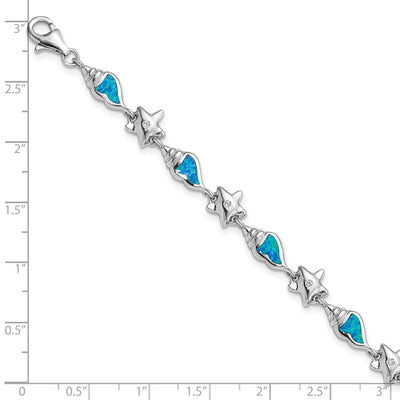Sterling Silver Rhodium Starfish CZ and Created Opal Seashell Bracelet