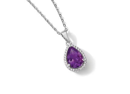 Sterling Silver Rhodium Polished Amethyst & CZ Necklace