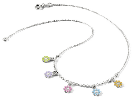 Sterling Silver Polished Multi-color Enameled Flowers Children's Necklace