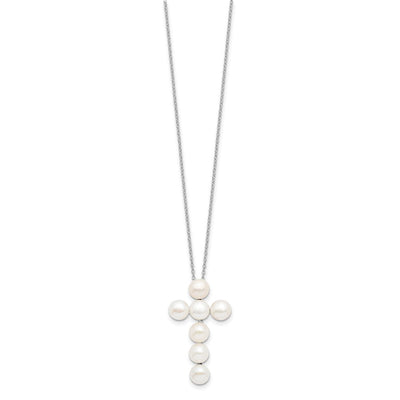 Sterling Silver Rhodium-plated White Button Freshwater Cultured Pearl Cross Necklace