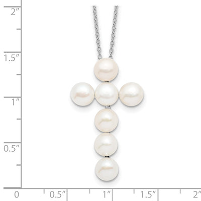 Sterling Silver Rhodium-plated White Button Freshwater Cultured Pearl Cross Necklace