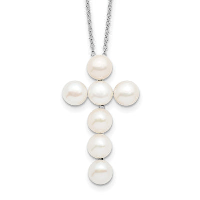 Sterling Silver Rhodium-plated White Button Freshwater Cultured Pearl Cross Necklace