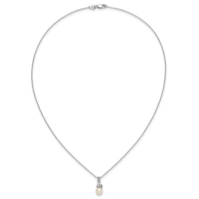 Sterling Silver Rhodium-plated White Button Freshwater Cultured Pearl and CZ Necklace, 17 x 8mm