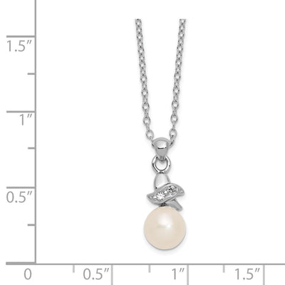 Sterling Silver Rhodium-plated White Button Freshwater Cultured Pearl and CZ Necklace, 17 x 8mm