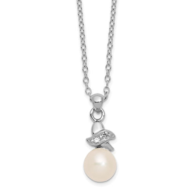 Sterling Silver Rhodium-plated White Button Freshwater Cultured Pearl and CZ Necklace, 17 x 8mm