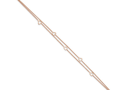 Sterling Silver Rose-tone Polished Heart 10in Plus 1in Anklet (Style QG4186-9)