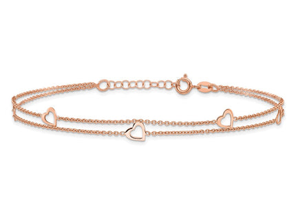 Sterling Silver Rose-tone Polished Heart 10in Plus 1in Anklet (Style QG4186-9)