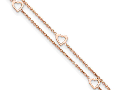 Sterling Silver Rose-tone Polished Heart 10in Plus 1in Anklet (Style QG4186-9)