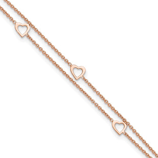 Sterling Silver Rose-tone Polished Heart 10in Plus 1in Anklet (Style QG4186-9)