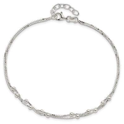 Sterling Silver Polished Beaded 2-strand Plus ext. Anklet