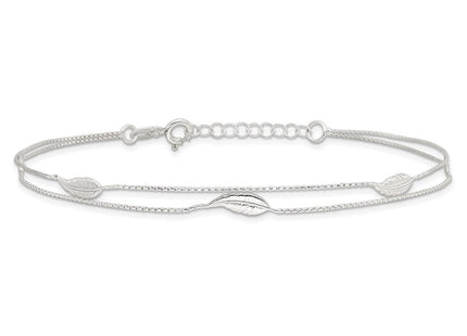 Sterling Silver Polished 2-Strand Feather 10in Plus 1in Ext Anklet