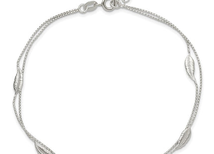 Sterling Silver Polished 2-Strand Feather 10in Plus 1in Ext Anklet