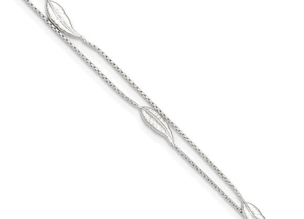 Sterling Silver Polished 2-Strand Feather 10in Plus 1in Ext Anklet
