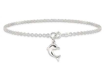 Sterling Silver Hollow Polished 3-D Dolphin Anklet (Style QG431-10)