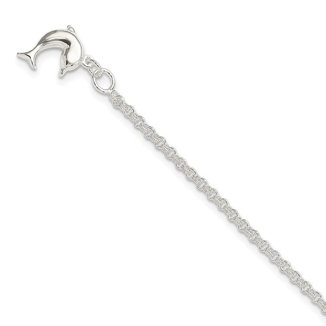 Sterling Silver Hollow Polished 3-D Dolphin Anklet