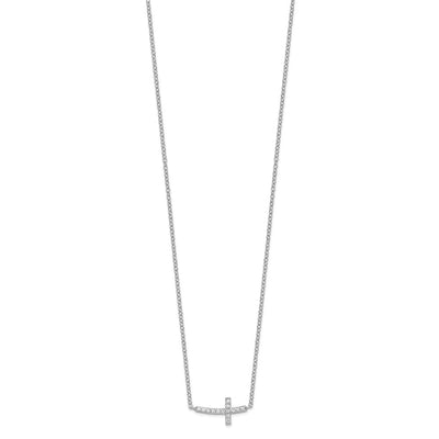 Sterling Silver Rhodium-plated CZ Sideways Cross Necklace with extension