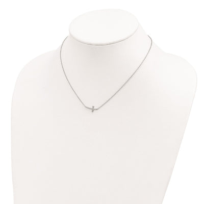 Sterling Silver Rhodium-plated CZ Sideways Cross Necklace with extension