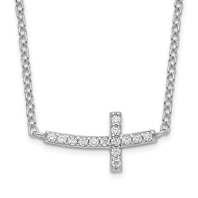 Sterling Silver Rhodium-plated CZ Sideways Cross Necklace with extension