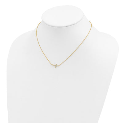 Sterling Silver Gold-tone CZ Sideways Cross w/ ext Necklace