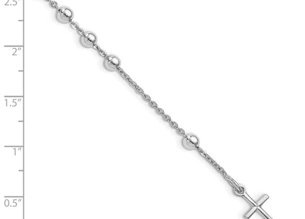Sterling Silver Rhodium Plated Polished Beaded Cross Bracelet (Style QG4569-7)