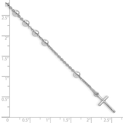 Sterling Silver Rhodium Plated Polished Beaded Cross Bracelet, 7 x 1mm