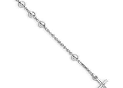 Sterling Silver Rhodium Plated Polished Beaded Cross Bracelet (Style QG4569-7)