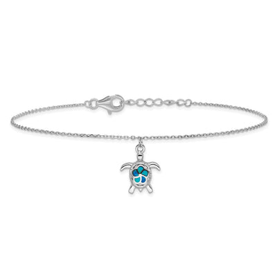 Sterling Silver Rhodium-plated Polished Created Opal Turtle with a Extention Anklet