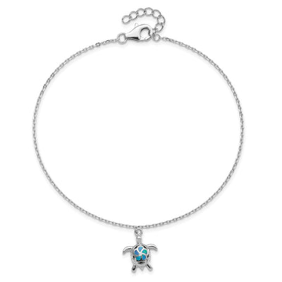 Sterling Silver Rhodium-plated Polished Created Opal Turtle with a Extention Anklet