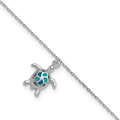 Sterling Silver Rhodium-plated Polished Created Opal Turtle with a Extention Anklet