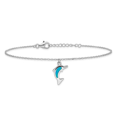 Sterling Silver Rhodium-plated Created Opal Dolphin with an extention Anklet
