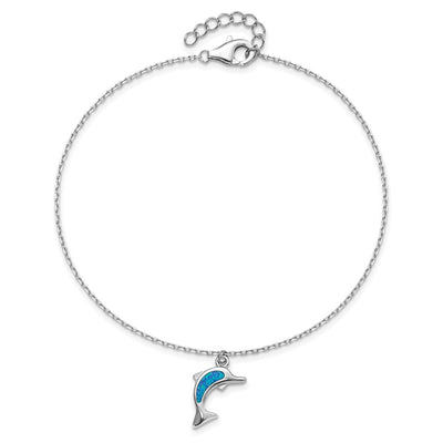 Sterling Silver Rhodium-plated Created Opal Dolphin with an extention Anklet