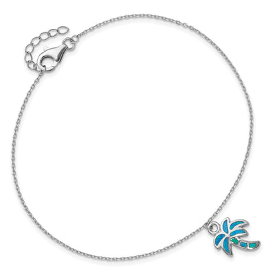Sterling Silver Rhodium-plated Created Opal Palm Tree with a extention Anklet