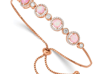 Sterling Silver Rose-tone Created Opal and CZ Adjustable Bracelet (Style QG4775)