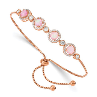 Sterling Silver Rose-tone Created Opal and CZ Adjustable Bracelet (Style QG4775)