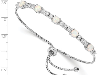 Sterling Silver RH-plated Created Opal and CZ Adjustable Bracelet