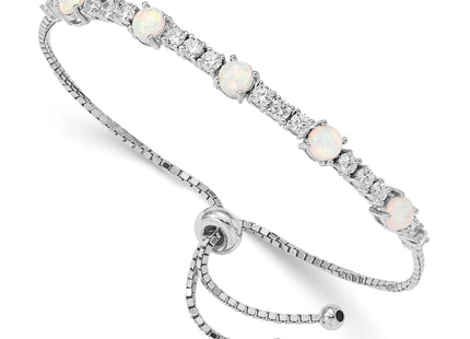 Sterling Silver RH-plated Created Opal and CZ Adjustable Bracelet