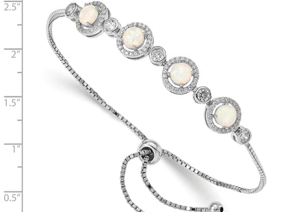 Sterling Silver RH-plated Created Opal and CZ Adjustable Bracelet