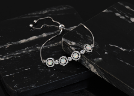 Sterling Silver RH-plated Created Opal and CZ Adjustable Bracelet