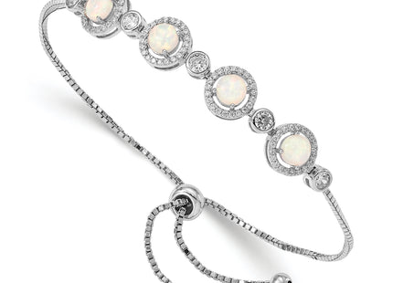 Sterling Silver RH-plated Created Opal and CZ Adjustable Bracelet
